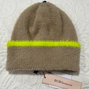 BCBGeneration Fuzzy Taupe Beanie with Neon Yellow Stripe – NWT